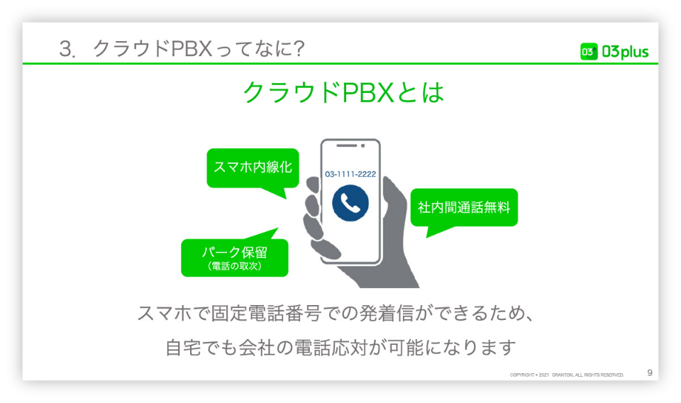 クラウドPBXってなに？
スマホで固定電話番号での発着信ができるため、自宅でも会社の電話対応が可能になります
