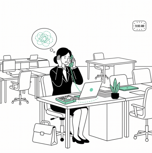 電話番のために一人で出社し、会社の電話対応をしている女性社員