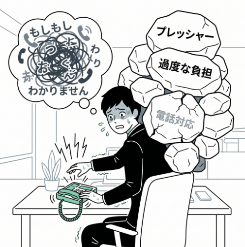 電話対応に慣れていない若手社員が、プレッシャーや負担を感じて困っている